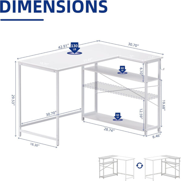 6887314359ed4b44def3ce4369ab394951a365aa6d0beb7aa622f.jpg Pamray 43 Inch L Shaped Computer Desk with Reversible Side Storage Shelves, Small Corner Desk for Small Space Home Office,Writing Study Table PC Desk for Bedroom,Pink with White Leg