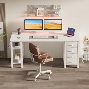 68873181262e279e313617233a224d6ef7d14100777fcab1b8560.jpg Lufeiya White Desk with Drawers & Storage Shelves, 47 Inch Study Work Writing Desk for Home Office Bedroom, Simple Modern Cute PC Computer Desks Table, White