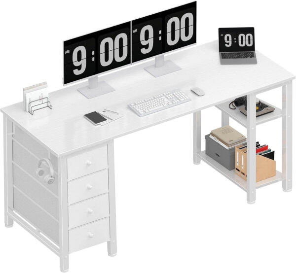 6887319ea7826efdf6a2cf3e3cb1e9dbcd4ee50274f1554c7ef12.jpg Lufeiya White Desk with Drawers & Storage Shelves, 47 Inch Study Work Writing Desk for Home Office Bedroom, Simple Modern Cute PC Computer Desks Table, White