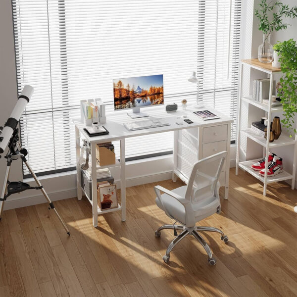 688731b0907f6ef9647c9e25a302a69176c285aac07f46979faed.jpg Lufeiya White Desk with Drawers & Storage Shelves, 47 Inch Study Work Writing Desk for Home Office Bedroom, Simple Modern Cute PC Computer Desks Table, White
