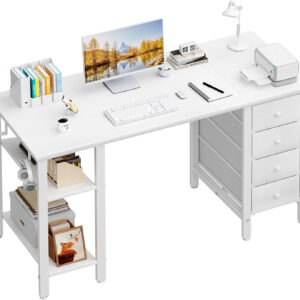 688732cbf0b1d7dbb4d347b081573d0d569552910bc1ecc39b8e4.jpg Lufeiya White Desk with Drawers & Storage Shelves, 47 Inch Study Work Writing Desk for Home Office Bedroom, Simple Modern Cute PC Computer Desks Table, White