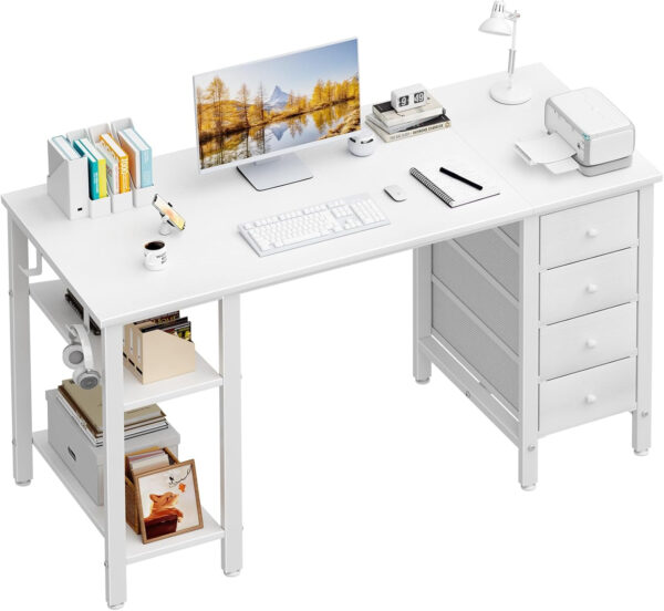 688732cbf0b1d7dbb4d347b081573d0d569552910bc1ecc39b8e4.jpg Lufeiya White Desk with Drawers & Storage Shelves, 47 Inch Study Work Writing Desk for Home Office Bedroom, Simple Modern Cute PC Computer Desks Table, White