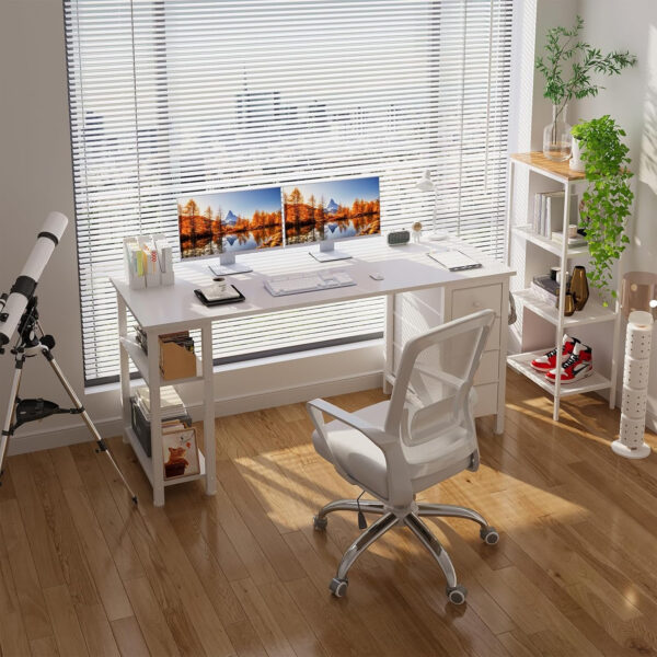 688732f881f87951a23326ad9a30b9676714f9f5f3e2230d6d14e.jpg Lufeiya White Desk with Drawers & Storage Shelves, 47 Inch Study Work Writing Desk for Home Office Bedroom, Simple Modern Cute PC Computer Desks Table, White