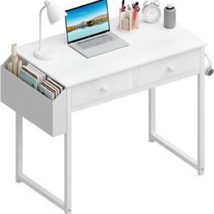 6887334ea86ab84756d4de1f1fe7aa5f7fbb36ee4c2df2941c546.jpg Lufeiya Small White Desk with Drawers - for Bedroom, 32 Inch Home Office Computer Desk with Fabric Storage Drawer and Bag, Study Writing Table for Small Spaces, White