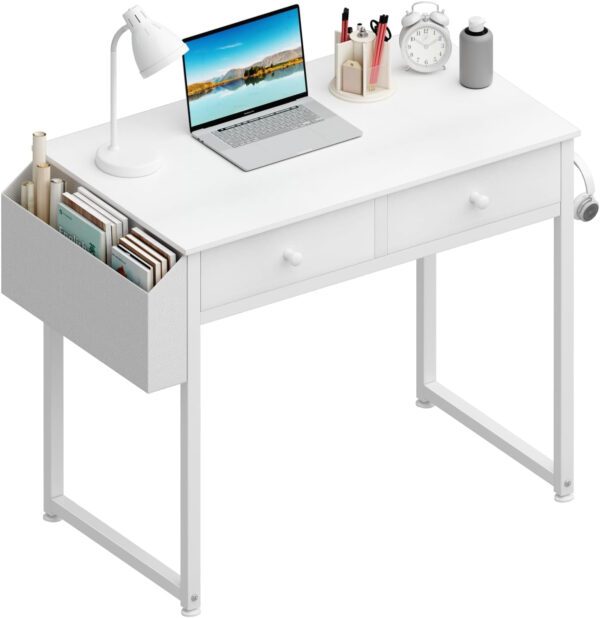 6887334ea86ab84756d4de1f1fe7aa5f7fbb36ee4c2df2941c546.jpg Lufeiya Small White Desk with Drawers - for Bedroom, 32 Inch Home Office Computer Desk with Fabric Storage Drawer and Bag, Study Writing Table for Small Spaces, White
