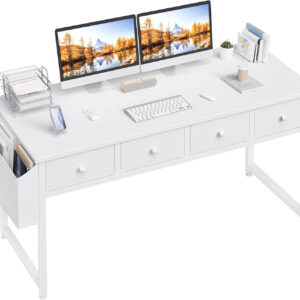 6887335a337ba5f64370f1636feb26853ee18fef24b45ae4e7ee9.jpg Lufeiya Small White Desk with Drawers - for Bedroom, 32 Inch Home Office Computer Desk with Fabric Storage Drawer and Bag, Study Writing Table for Small Spaces, White