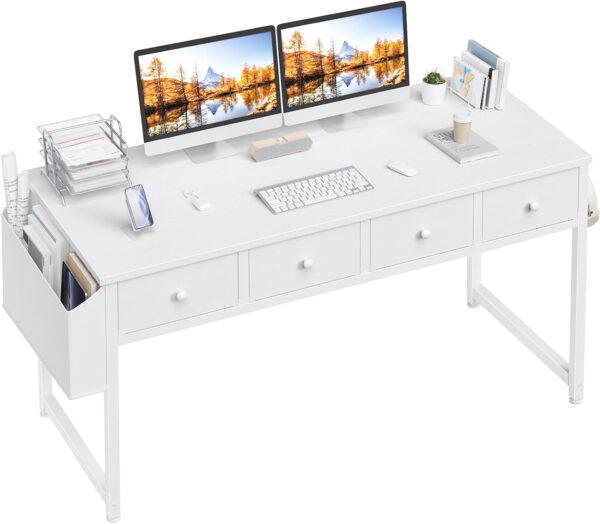6887335a337ba5f64370f1636feb26853ee18fef24b45ae4e7ee9.jpg Lufeiya Small White Desk with Drawers - for Bedroom, 32 Inch Home Office Computer Desk with Fabric Storage Drawer and Bag, Study Writing Table for Small Spaces, White