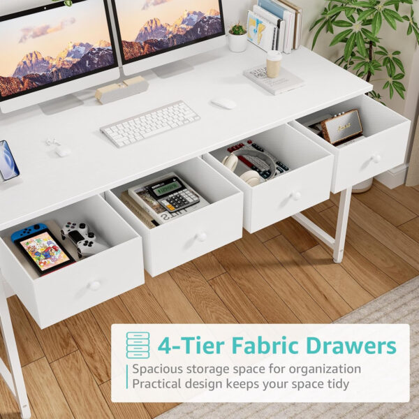 6887335e6e7196bdf181cc783f4b37218958a128af0b456cb726e.jpg Lufeiya Small White Desk with Drawers - for Bedroom, 32 Inch Home Office Computer Desk with Fabric Storage Drawer and Bag, Study Writing Table for Small Spaces, White