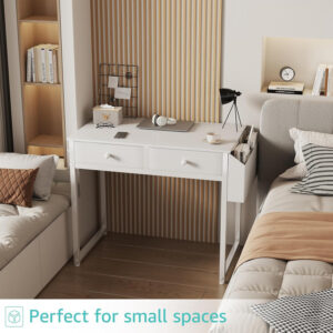 68873365b2225690e9773c99b147d3056972ce555b77bcd6ae32f.jpg Lufeiya Small White Desk with Drawers - for Bedroom, 32 Inch Home Office Computer Desk with Fabric Storage Drawer and Bag, Study Writing Table for Small Spaces, White