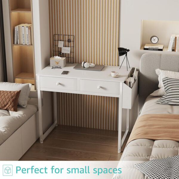 68873365b2225690e9773c99b147d3056972ce555b77bcd6ae32f.jpg Lufeiya Small White Desk with Drawers - for Bedroom, 32 Inch Home Office Computer Desk with Fabric Storage Drawer and Bag, Study Writing Table for Small Spaces, White
