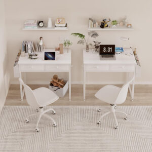 68873366f18e73c283f093eb5c8ada1462c507419d664142b464a.jpg Lufeiya Small White Desk with Drawers - for Bedroom, 32 Inch Home Office Computer Desk with Fabric Storage Drawer and Bag, Study Writing Table for Small Spaces, White