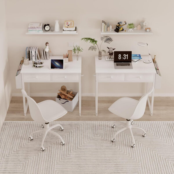 68873366f18e73c283f093eb5c8ada1462c507419d664142b464a.jpg Lufeiya Small White Desk with Drawers - for Bedroom, 32 Inch Home Office Computer Desk with Fabric Storage Drawer and Bag, Study Writing Table for Small Spaces, White