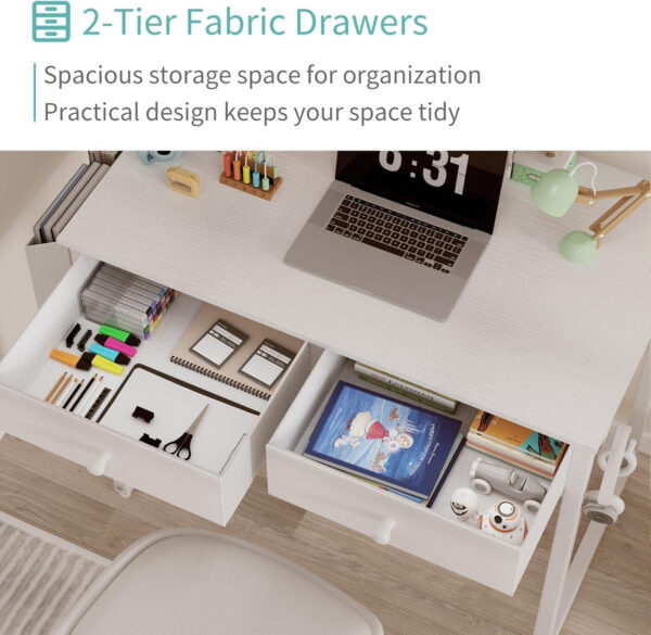 6887336856771ed53697555de8be463bb44fdcec8fde12e25f540.jpg Lufeiya Small White Desk with Drawers - for Bedroom, 32 Inch Home Office Computer Desk with Fabric Storage Drawer and Bag, Study Writing Table for Small Spaces, White