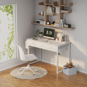 6887338ccc339416c9395a5bf082a4e49dfc34ad327b96a172f38.jpg Lufeiya Small White Desk with Drawers - for Bedroom, 32 Inch Home Office Computer Desk with Fabric Storage Drawer and Bag, Study Writing Table for Small Spaces, White