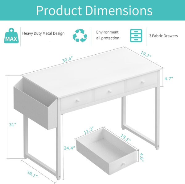 6887338df2972c1ac2162bbb383630134db210252abc82fc97187.jpg Lufeiya Small White Desk with Drawers - for Bedroom, 32 Inch Home Office Computer Desk with Fabric Storage Drawer and Bag, Study Writing Table for Small Spaces, White