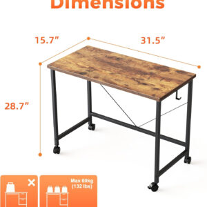 Rolling Computer Desk with Wheels, Gaming Desk for Small Spaces, Modern Simple Style Table for Home Office, Study Writing Table (Caster, Rustic Brown, 32 inch)