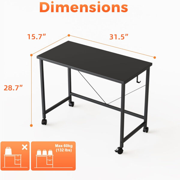 Rolling Computer Desk with Wheels, Gaming Desk for Small Spaces, Modern Simple Style Table for Home Office, Study Writing Table (Caster, Rustic Brown, 32 inch)