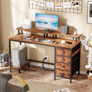 Furologee 47" Computer Gaming Desk with Monitor Stand, 4 Fabric Drawers & Power Outlets - LED Lights, Space-Saving Study Table for Home Office, Bedroom Small Spaces (Rustic Brown)