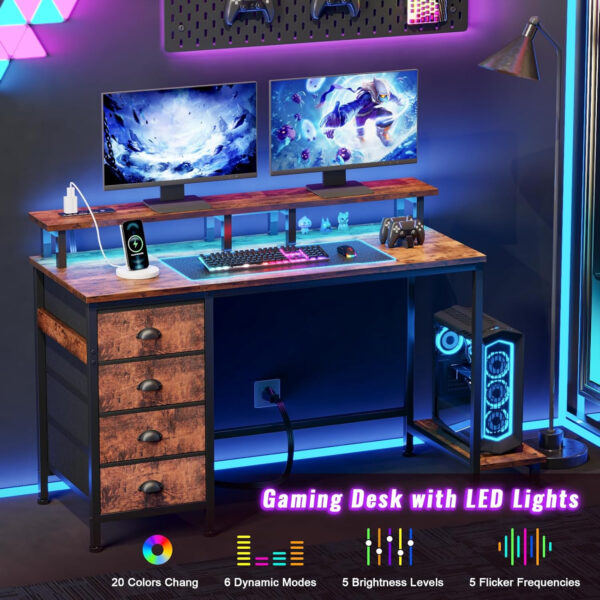 Furologee 47" Computer Gaming Desk with Monitor Stand, 4 Fabric Drawers & Power Outlets - LED Lights, Space-Saving Study Table for Home Office, Bedroom Small Spaces (Rustic Brown)