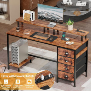 Furologee 47" Computer Gaming Desk with Monitor Stand, 4 Fabric Drawers & Power Outlets - LED Lights, Space-Saving Study Table for Home Office, Bedroom Small Spaces (Rustic Brown)