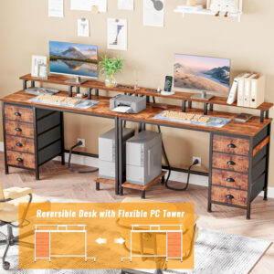 Furologee 47" Computer Gaming Desk with Monitor Stand, 4 Fabric Drawers & Power Outlets - LED Lights, Space-Saving Study Table for Home Office, Bedroom Small Spaces (Rustic Brown)