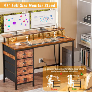 Furologee 47" Computer Gaming Desk with Monitor Stand, 4 Fabric Drawers & Power Outlets - LED Lights, Space-Saving Study Table for Home Office, Bedroom Small Spaces (Rustic Brown)