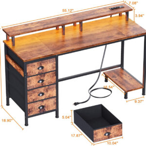 Furologee 47" Computer Gaming Desk with Monitor Stand, 4 Fabric Drawers & Power Outlets - LED Lights, Space-Saving Study Table for Home Office, Bedroom Small Spaces (Rustic Brown)