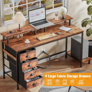 Furologee 47" Computer Gaming Desk with Monitor Stand, 4 Fabric Drawers & Power Outlets - LED Lights, Space-Saving Study Table for Home Office, Bedroom Small Spaces (Rustic Brown)