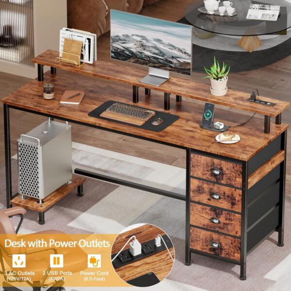 Furologee 47" Computer Gaming Desk with Monitor Stand, 4 Fabric Drawers & Power Outlets - LED Lights, Space-Saving Study Table for Home Office, Bedroom Small Spaces (Rustic Brown)