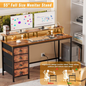 Furologee 47" Computer Gaming Desk with Monitor Stand, 4 Fabric Drawers & Power Outlets - LED Lights, Space-Saving Study Table for Home Office, Bedroom Small Spaces (Rustic Brown)