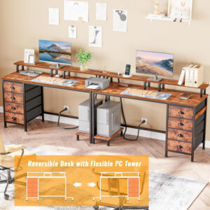 Furologee 47" Computer Gaming Desk with Monitor Stand, 4 Fabric Drawers & Power Outlets - LED Lights, Space-Saving Study Table for Home Office, Bedroom Small Spaces (Rustic Brown)