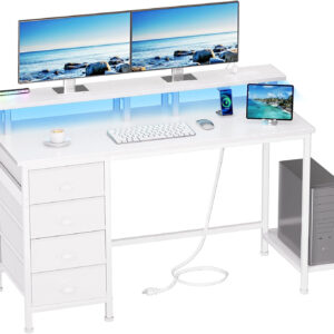 Furologee 47" Computer Gaming Desk with Monitor Stand, 4 Fabric Drawers & Power Outlets - LED Lights, Space-Saving Study Table for Home Office, Bedroom Small Spaces (Rustic Brown)
