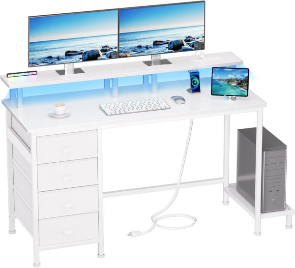 Furologee 47" Computer Gaming Desk with Monitor Stand, 4 Fabric Drawers & Power Outlets - LED Lights, Space-Saving Study Table for Home Office, Bedroom Small Spaces (Rustic Brown)