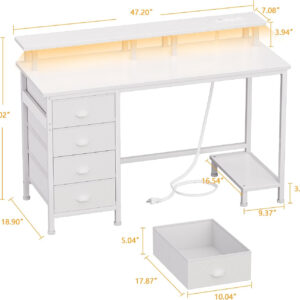 Furologee 47" Computer Gaming Desk with Monitor Stand, 4 Fabric Drawers & Power Outlets - LED Lights, Space-Saving Study Table for Home Office, Bedroom Small Spaces (Rustic Brown)