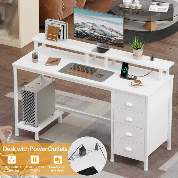 Furologee 47" Computer Gaming Desk with Monitor Stand, 4 Fabric Drawers & Power Outlets - LED Lights, Space-Saving Study Table for Home Office, Bedroom Small Spaces (Rustic Brown)