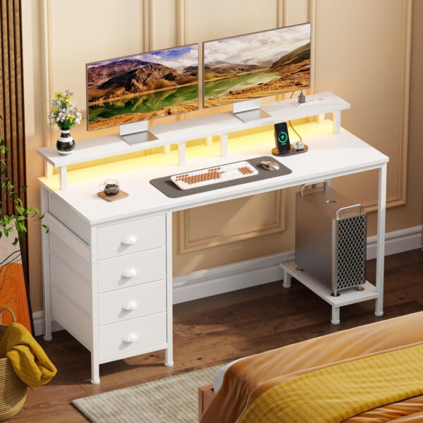 Furologee 47" Computer Gaming Desk with Monitor Stand, 4 Fabric Drawers & Power Outlets - LED Lights, Space-Saving Study Table for Home Office, Bedroom Small Spaces (Rustic Brown)