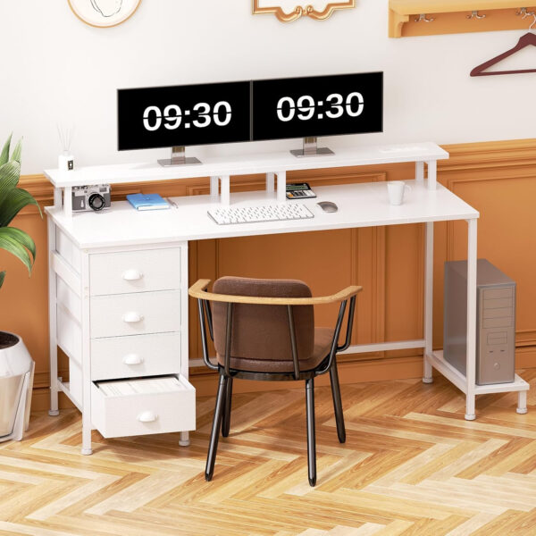 Furologee 47" Computer Gaming Desk with Monitor Stand, 4 Fabric Drawers & Power Outlets - LED Lights, Space-Saving Study Table for Home Office, Bedroom Small Spaces (Rustic Brown)