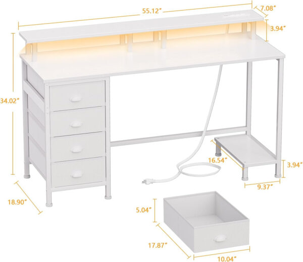 Furologee 47" Computer Gaming Desk with Monitor Stand, 4 Fabric Drawers & Power Outlets - LED Lights, Space-Saving Study Table for Home Office, Bedroom Small Spaces (Rustic Brown)