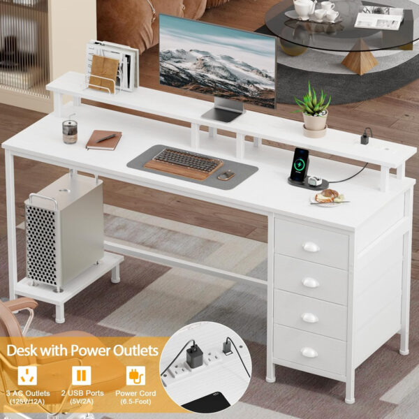 Furologee 47" Computer Gaming Desk with Monitor Stand, 4 Fabric Drawers & Power Outlets - LED Lights, Space-Saving Study Table for Home Office, Bedroom Small Spaces (Rustic Brown)
