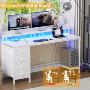 Furologee 47" Computer Gaming Desk with Monitor Stand, 4 Fabric Drawers & Power Outlets - LED Lights, Space-Saving Study Table for Home Office, Bedroom Small Spaces (Rustic Brown)