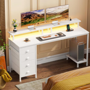 Furologee 47" Computer Gaming Desk with Monitor Stand, 4 Fabric Drawers & Power Outlets - LED Lights, Space-Saving Study Table for Home Office, Bedroom Small Spaces (Rustic Brown)