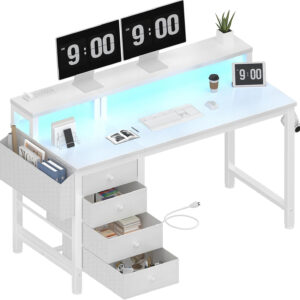 Lufeiya White Desk with 4 Drawers - 47 inch Gaming Desk with Monitor Stand, Reversible Computer Gaming Table with LED Lights Power Outlets and Storage Bag Fabric Drawer for Home Office, Bedroom, White