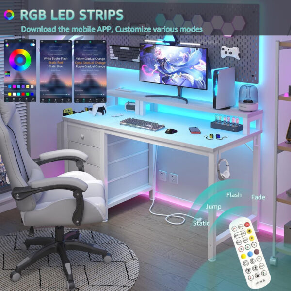 Lufeiya White Desk with 4 Drawers - 47 inch Gaming Desk with Monitor Stand, Reversible Computer Gaming Table with LED Lights Power Outlets and Storage Bag Fabric Drawer for Home Office, Bedroom, White