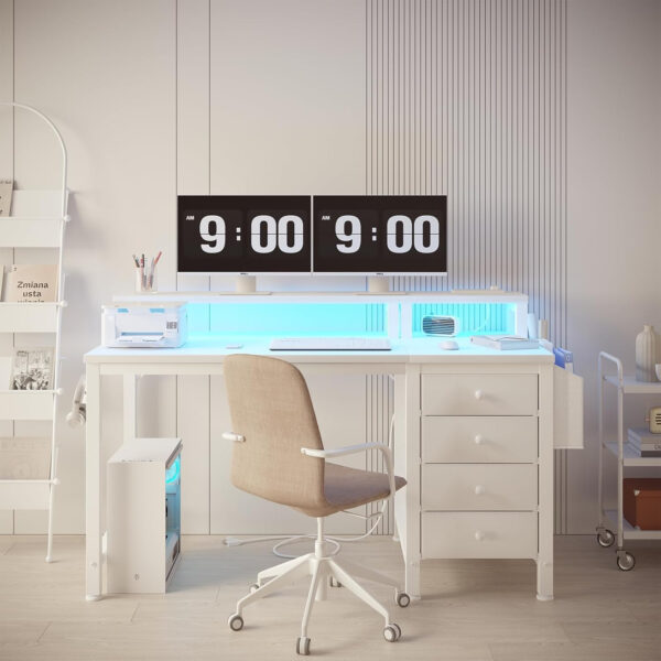 Lufeiya White Desk with 4 Drawers - 47 inch Gaming Desk with Monitor Stand, Reversible Computer Gaming Table with LED Lights Power Outlets and Storage Bag Fabric Drawer for Home Office, Bedroom, White