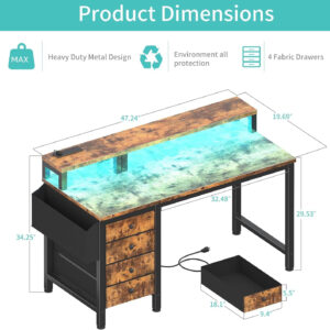 Lufeiya White Desk with 4 Drawers - 47 inch Gaming Desk with Monitor Stand, Reversible Computer Gaming Table with LED Lights Power Outlets and Storage Bag Fabric Drawer for Home Office, Bedroom, White