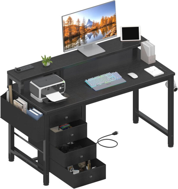 Lufeiya White Desk with 4 Drawers - 47 inch Gaming Desk with Monitor Stand, Reversible Computer Gaming Table with LED Lights Power Outlets and Storage Bag Fabric Drawer for Home Office, Bedroom, White