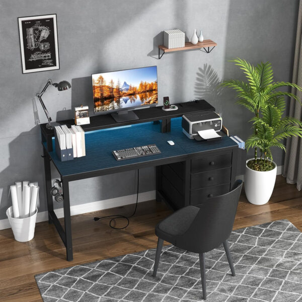 Lufeiya White Desk with 4 Drawers - 47 inch Gaming Desk with Monitor Stand, Reversible Computer Gaming Table with LED Lights Power Outlets and Storage Bag Fabric Drawer for Home Office, Bedroom, White