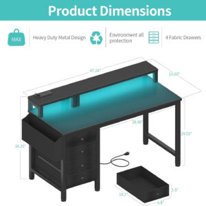 Lufeiya White Desk with 4 Drawers - 47 inch Gaming Desk with Monitor Stand, Reversible Computer Gaming Table with LED Lights Power Outlets and Storage Bag Fabric Drawer for Home Office, Bedroom, White