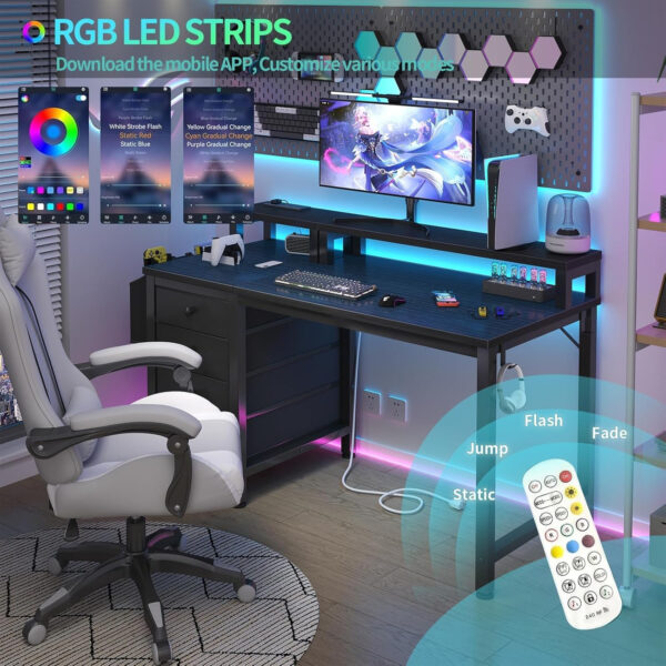 Lufeiya White Desk with 4 Drawers - 47 inch Gaming Desk with Monitor Stand, Reversible Computer Gaming Table with LED Lights Power Outlets and Storage Bag Fabric Drawer for Home Office, Bedroom, White