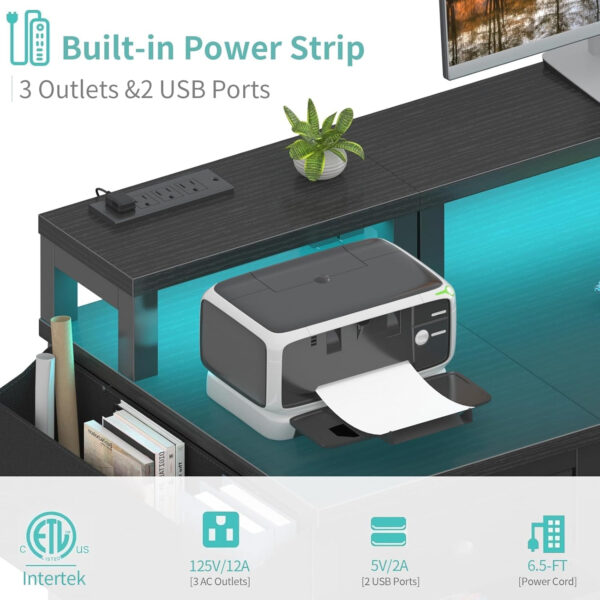 Lufeiya White Desk with 4 Drawers - 47 inch Gaming Desk with Monitor Stand, Reversible Computer Gaming Table with LED Lights Power Outlets and Storage Bag Fabric Drawer for Home Office, Bedroom, White